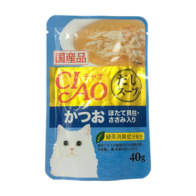 CIAO เชา อาหารเปียกสำหรับแมว แบบซุปใส ปลาทูน่าคัทสึโอะ และหอยเชลล์หน้าเนื้อสันในไก่ (40g) (IC-212)
