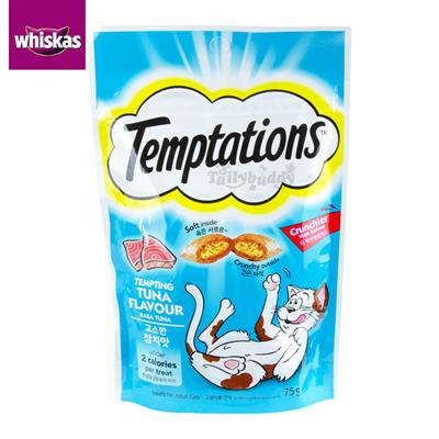 Whiskas Temptations Temping Tuna วิสกัส เทมเทซันส์  ขนมแมวสอดไส้ครีม กรอบนอก นุ่มใน รสเทมติ้งทูน่า (75g.)
