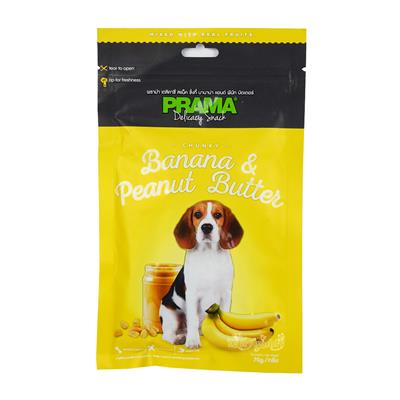 PRAMA Banana & Peanut Butter พราม่า สแน็ค  ขนมสุนัขผสมเนื้อผลไม้ รสกล้วยเนยถั่ว บำรุงกระดูก+ระบบย่อย(70g)