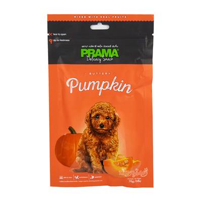 PRAMA Pumpkin พราม่า สแน็ค ขนมสุนัขผสมเนื้อผลไม้จริง รสฟักทอง บำรุงขน+ต้านอนุมูลอิสระ+ระบบย่อย(70g)