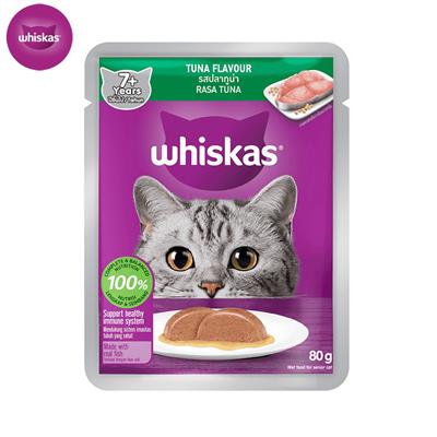 Whiskas Pouch Tuna อาหารแมวเปียกวิสกัส แบบเพาช์ ปลาทูน่า แมวสูงวัย สำหรับแมวแก่ อายุเกิน 7 ปีขึ้นไป (80g)