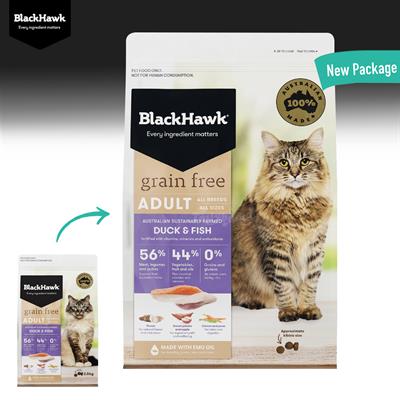 BlackHawk (Grain-Free) Cat Adult อาหารแมวโต สูตรเป็ดและปลา บำรุงขน ลดกลิ่นมูล รสชาติที่แตกต่าง สำหรับแมวอายุตั้งแต่ 1 ปีขึ้นไป