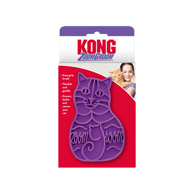 KONG ZoomGroom for Cats massages and grooms at the same time. The soft, rubber fingers are a magnet for loose hairs
