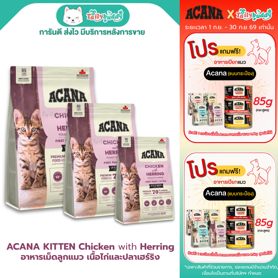 Acana first feast kitten อาหารเม็ดสำหรับลูกแมว สูตรเนื้อไก่และปลาเฮร์ริง เสริมสร้างกล้ามเนื้อ มี DHA และ EPA บำรุงสายตาและสมอง (340g , 1.8kg)