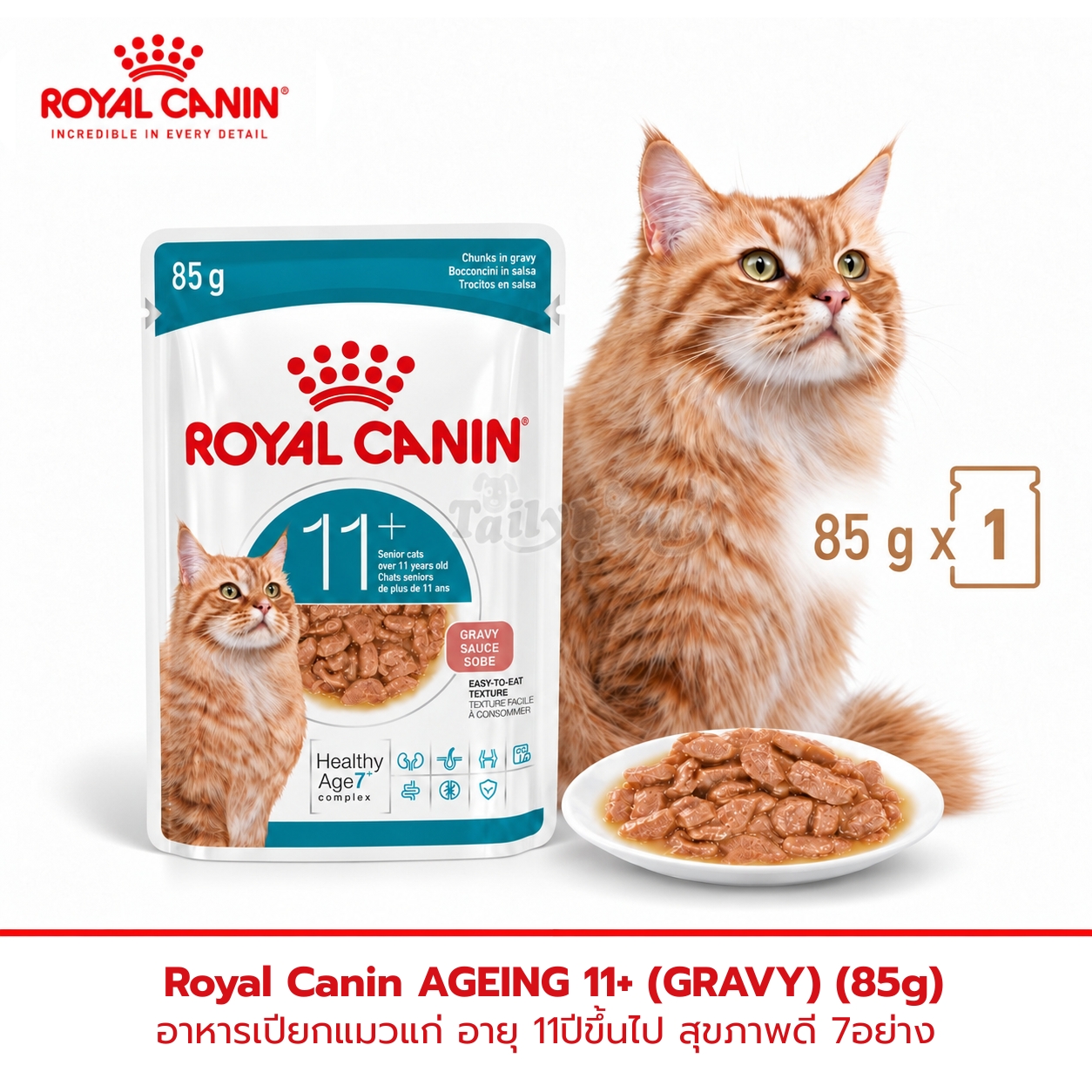 Royal Canin Ageing 11+ Gravy อาหารเปียกแมวสูงวัย อายุ 11 ปีขึ้นไป เนื้อชิ้นในน้ำเกรวี่ ช่วยดูแลสุขภาพ 7 ด้าน กินง่าย (85g)