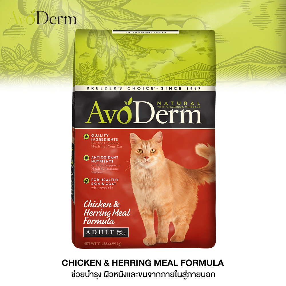 AvoDerm Chicken & Herring Meal อาหารแมวชนิดเม็ด รสเนื้อไก่และเนื้อปลาเฮอร์ริ่ง สำหรับแมวโตทุกสายพันธุ์  สูตรลดขนร่วง (1.6kg. , 4.99kg.)