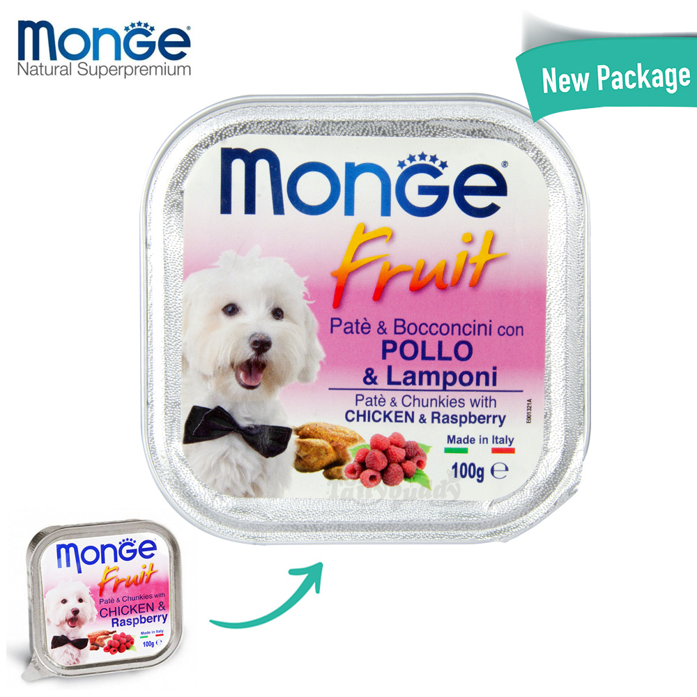 (Exp:15/06/2022) Monge Fruit มอนเจ้ อาหารเปียกสุนัข รสไก่และราสเบอร์รี่ (100 กรัม)**