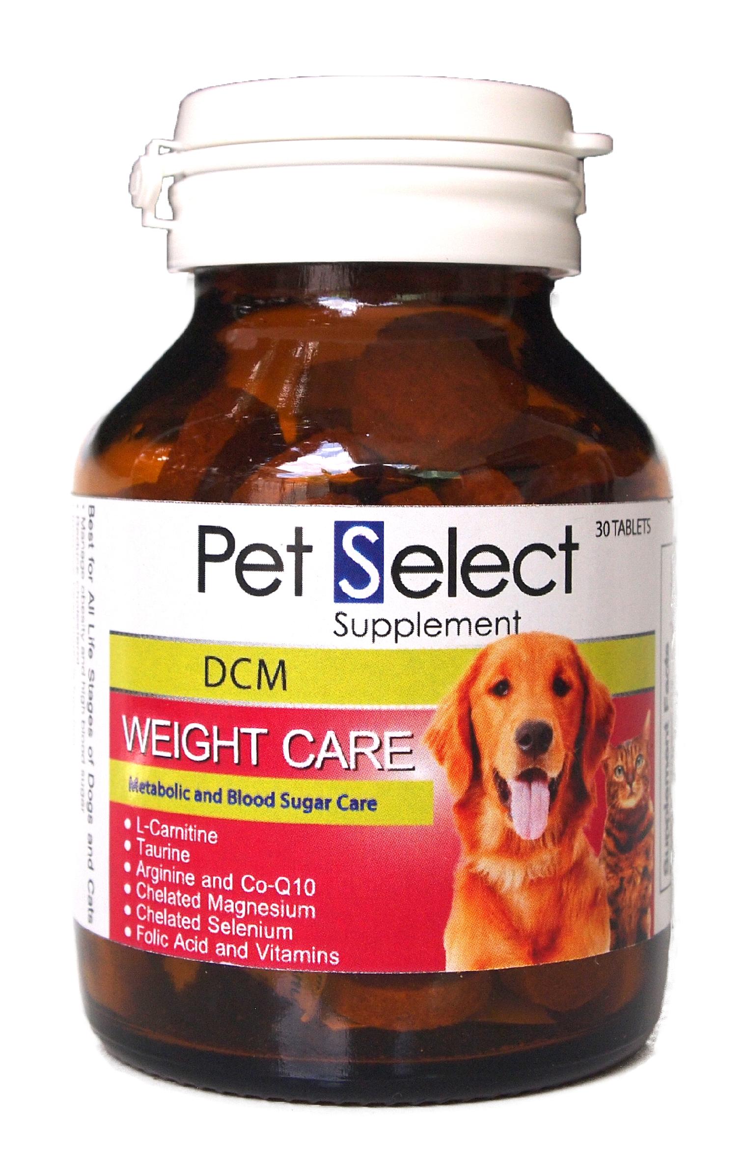 (EXP:15/02/2023) Pet Select DCM สูตรควบคุมน้ำหนัก ลดคอเลสเตอรอล บำรุงหัวใจและเผาผลาญพลังงานสำหรับสุนัขและแมว (30 เม็ด)