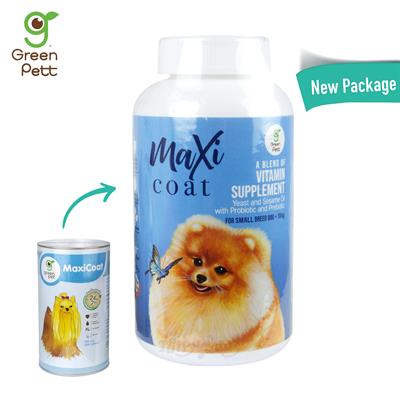 Green Pet MaxiCoat อาหารเสริมบำรุงขน ผิวหนัง สำหรับสุนัขพันธุ์เล็กน้ำหนัก <10 กก. (100เม็ด,500เม็ด)
