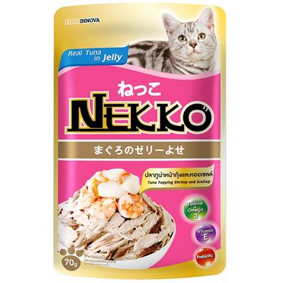 NEKKO CAT Tuna Topping Shrimp and Scallop อาหารเปียกแมวเน็กโกะ สูตรปลาทูน่าหน้ากุ้งและหอยเซลล์ในเยลลี่ (70g.)