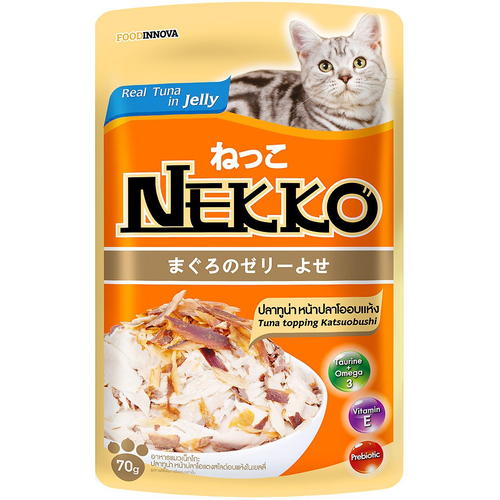 Nekko Cat Tuna Topping Katsuobushi อาหารเปียกแมวเน็กโกะ  สูตรปลาทูน่าหน้าปลาโออบแห้งในเยลลี่ (70G.)