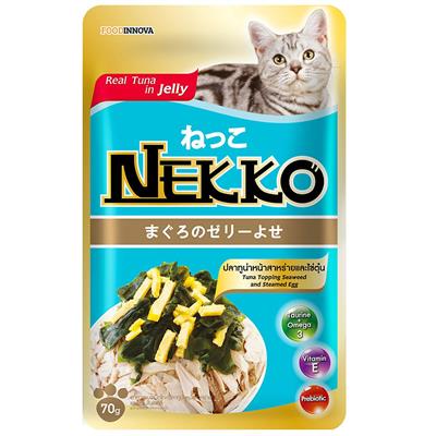 NEKKO Cat Tuna Topping Seaweed and Steamed Egg อาหารเปียกแมวเน็กโกะ สูตรปลาทูน่าหน้าสาหร่ายและไข่ตุ๋นในเยลลี่ (70g.)