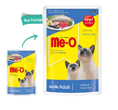 MeO มีโอ อาหารแมวชนิดเปียกสำหรับแมวทุกสายพันธุ์ ตั้งแต่หย่านมขึ้นไป สูตรปลาทะเล (80 g)