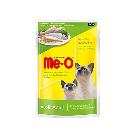 MeO มีโอ อาหารแมวชนิดเปียกสำหรับแมวทุกสายพันธุ์ ตั้งแต่หย่านมขึ้นไป สูตรปลาซาร์ดีน ผสมไก่ และข้าว  80g.