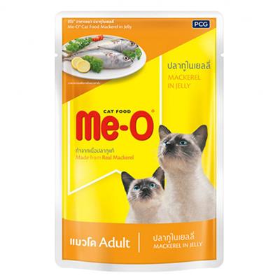MeO มีโอ อาหารแมวชนิดเปียกสำหรับแมวทุกสายพันธุ์ ตั้งแต่หย่านมขึ้นไป สูตรปลาทูในเยลลี่ (80g)