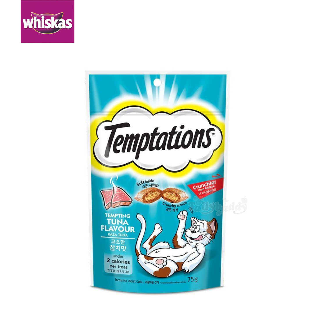 Whiskas Temptations Temping Tuna วิสกัส เทมเทซันส์ ขนมแมวสอดไส้ครีม กรอบนอก นุ่มใน รสเทมติ้งทูน่า (75g)