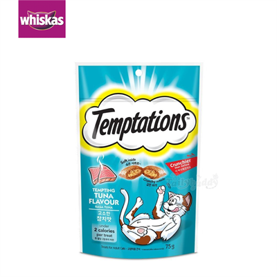 Whiskas Temptations Temping Tuna วิสกัส เทมเทซันส์  ขนมแมวสอดไส้ครีม กรอบนอก นุ่มใน รสเทมติ้งทูน่า (75g)