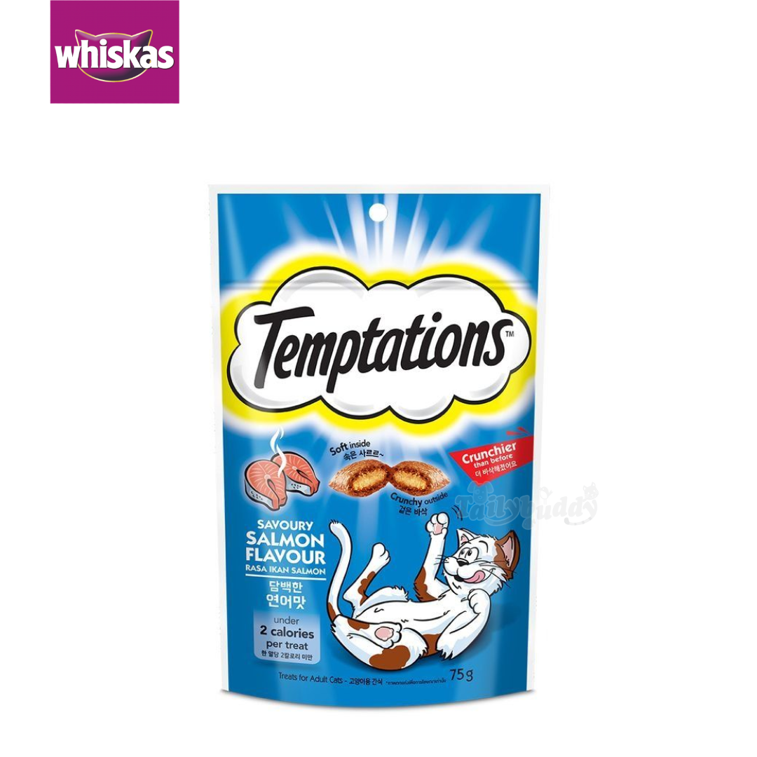 Whiskas Temptations Savoury Salmon วิสกัส เทมเทซันส์ ขนมแมวสอดไส้ครีม กรอบนอกนุ่มใน รสเชเวอรี่แซลมอน (75g)