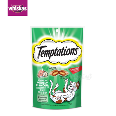 Whiskas Temptations Seafood Medley วิสกัส เทมเทซันส์ ขนมแมว รสซีฟู้ดเมดเล่ย์ (75g)