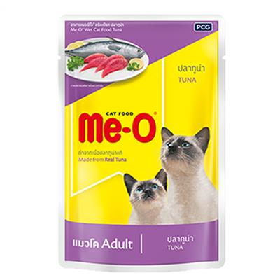 MeO มีโอ  อาหารแมวชนิดเปียกสำหรับแมวทุกสายพันธุ์ อายุตั้งแต่อย่านมขึ้นไป สูตรปลาทูน่าในน้ำเยลลี่  (80g)