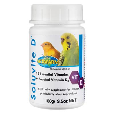 Vetafarm Soluvite D วิตามินรวม 12ชนิด + Vitamin D3 สำหรับนกที่เลี้ยงในร่ม (100g)