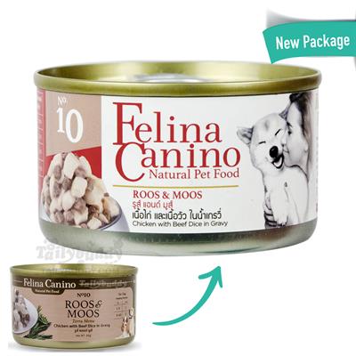 Felina Canino Roos & Moos เฟลิน่า คานิโน่ อาหารเปียกสำหรับสุนัข รส เนื้อไก่ชิ้นและเนื้อวัวลูกเต๋าในน้ำเกรวี่ (85g) (NO.10)