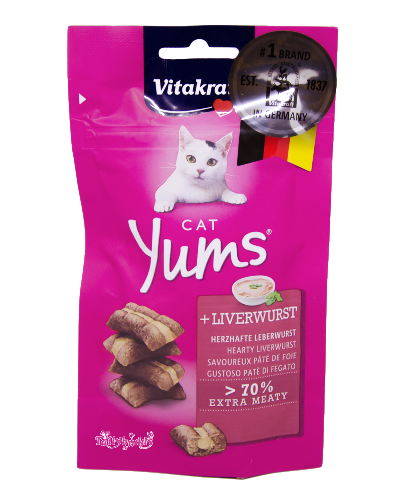 Vitakraft  Cat Yums ขนมแมว สูตรไส้กรอกตับ เนื้อนุ่มชุ่มอร่อย ปริมาณเนื้อสัตว์มากกว่า 70% (40g)