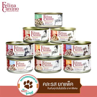 Felina Canino CAT Value Pack เฟลิน่า คานิโน่ ชุดอาหารเปียก เนื้อคัดพิเศษเต็มชิ้นหั่น สำหรับแมว คละรส 9 กระป๋อง (70g x 9)