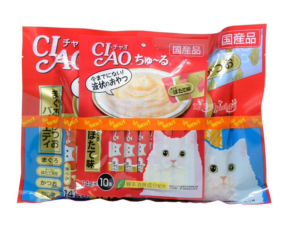 CIAO BIG BAG! ขนมแมวเลีย รวมรสทูน่าเนื้อขาว+ทูน่าคัตซึโอะ (40ซอง) แถม ครีมแมวเลีย (10ซอง) (SC-132)