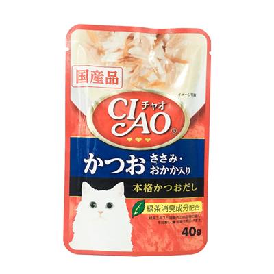 CIAO เชา อาหารเปียกสำหรับแมว ซุปข้น รสปลาทูน่าคัทสึโอะ และเนื้อสันในไก่หน้าปลาโอแห้ง (40g) (IC-204)