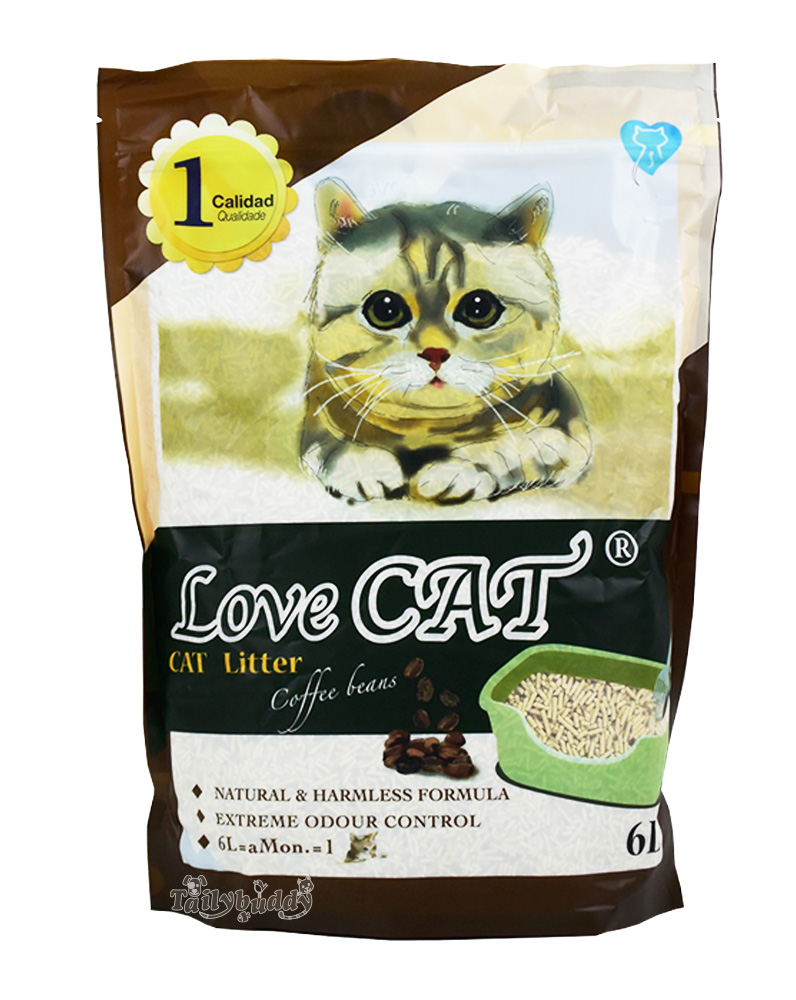 Love cat ทรายแมวเต้าหู้ (เม็ดเล็ก) กลิ่นกาแฟ  จับก้อนไว ประหยัดกว่า (6L)
