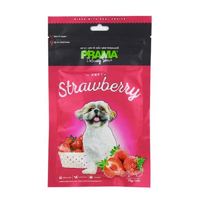 PRAMA Fruit พราม่า สแน็ค Strawberry ขนมสุนัขผสมเนื้อผลไม้จริง รสสตรอเบอรี่ บำรุงขน+ต้านอนุมูลอิสระ+คอลลาเจน(70g)