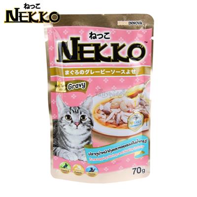 NEKKO CAT Tuna topping  Shrimp and Scallop เน็กโกะ อาหารเปียกแมว ปลาทูน่าหน้ากุ้งและหอยเชลล์ ในน้ำเกรวี่ เพิ่มความอร่อยด้วยน้ำเกรวี่สูตรพิเศษ (70g)