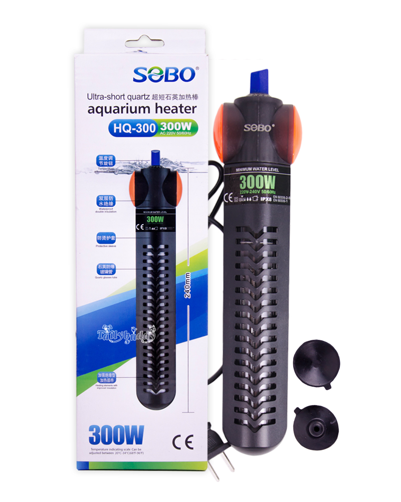 SOBO Ultra-short quartz aquarium heater ฮีตเตอร์สำหรับตู้ปลา แบบสั้น 300W แท่งแก้วมีที่ครอบ ทำอุณหภูมิได้ (20 ํC ~ 34 ํC )  (HQ-300)