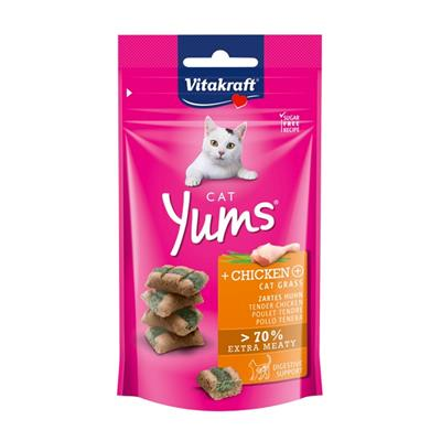 Vitakraft Cat Yums ขนมแมว สูตรไก่ผสมหญ้าแมว เนื้อนุ่มชุ่มอร่อย ช่วยขับก้อนขน ช่วยย่อย (40g)