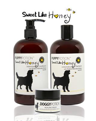 Doggy Potion Sweet Like Honey Set! ชุดขนนุ่ม แชมพู+ครีมนวด+บาล์ม น้ำผึ้งมานูก้า สำหรับสุนัขผิวแพ้ง่าย (3ชิ้น)