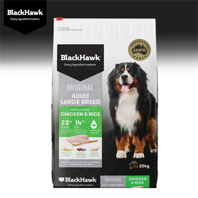 (EXP:29/02/2024) BlackHawk (Original) Large Breed Adult Chicken & Rice อาหารสุนัขโต พันธุ์ใหญ่ สูตรไก่และข้าว สร้างกล้ามเนื้อ บำรุงข้อกระดูก (20kg)