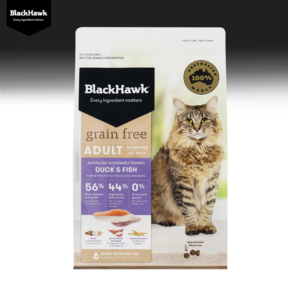 BlackHawk (Grain-Free) Cat Adult อาหารแมวโต สูตรเป็ดและปลา บำรุงขน ลดกลิ่นมูล รสชาติที่แตกต่าง สำหรับแมวเลี้ยงในบ้านและกินยาก
