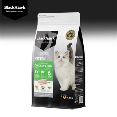 BlackHawk (Original) Kitten อาหารลูกแมวโฮลิสติก สูตรไก่ออสเตรเลียและข้าว เม็ดปาท่องโก๋ เคี้ยวง่าย หอมน่ากิน