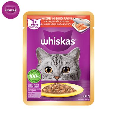 Whiskas Pouch Mackerel & Salmon - Whiskas Mackerel & Salmon wet food is a delicious gourmet meal with complete nutrition for adult 1+ Cats (80g)