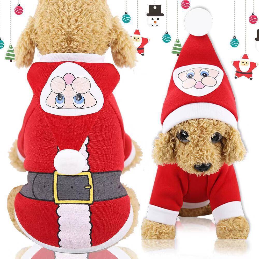 Merry X'mas แฟชั่นชุดเสื้อสุนัข/แมว ชุดซานต้าสีแดง คาดเข็มขัด ส่ 2 ขาหน้า ผ้าสำลีนุ่ม