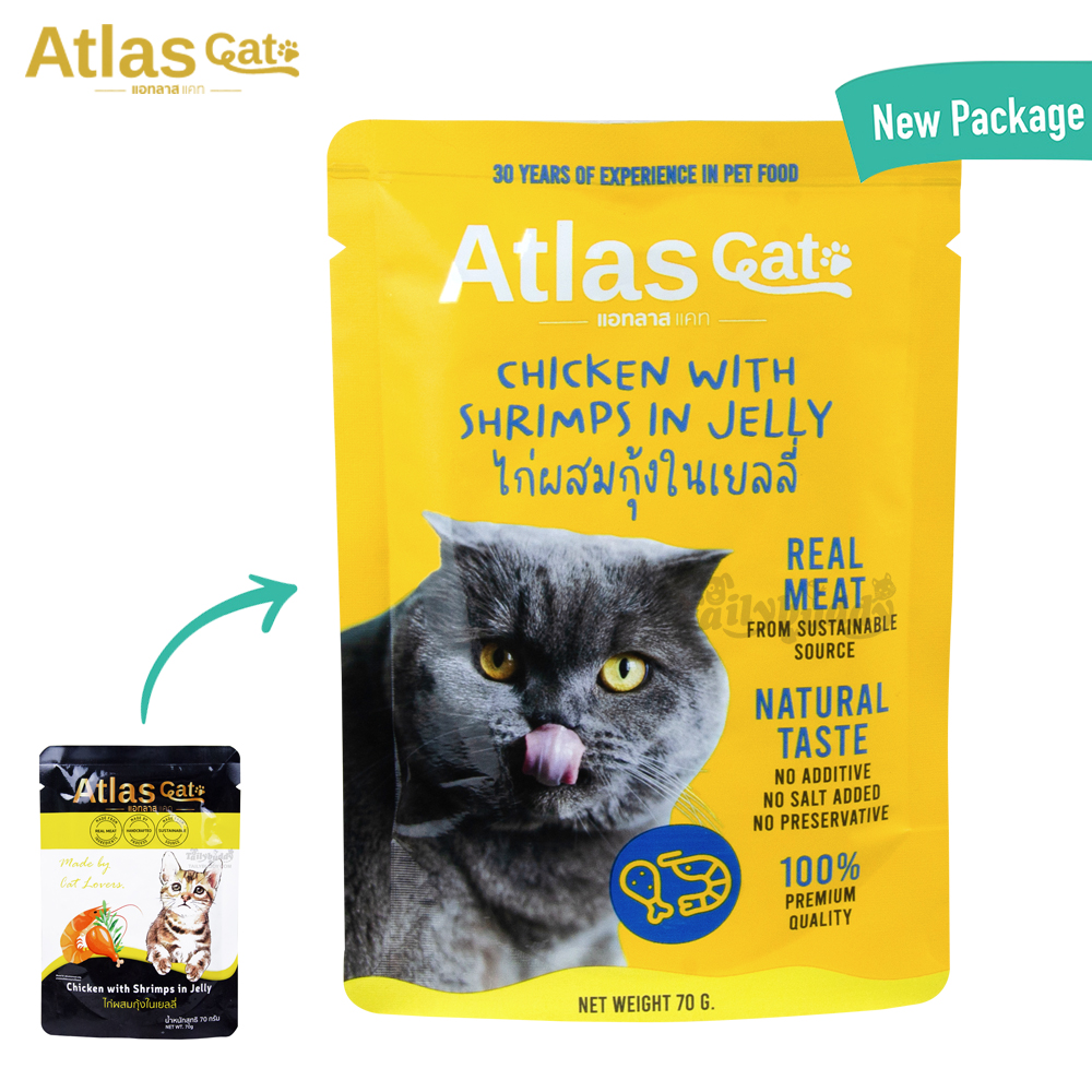 Atlas Cat Pouch อาหารเปียกแมว ไก่ผสมกุ้งในเยลลี่ (70g)