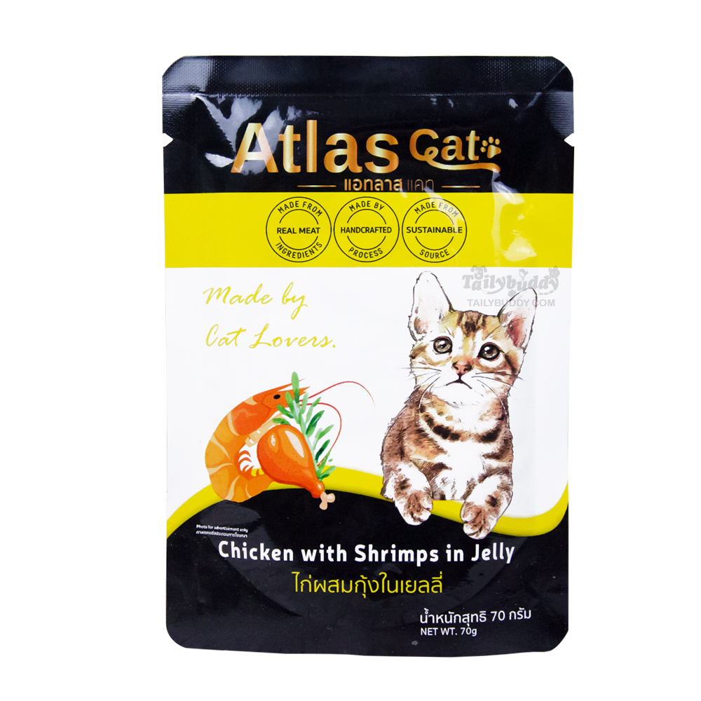 Atlas Cat Pouch อาหารเปียกแมว ไก่ผสมกุ้งในเยลลี่ (70g)