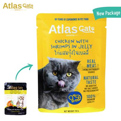 Atlas Cat Pouch อาหารเปียกแมว ไก่ผสมกุ้งในเยลลี่ (70g)