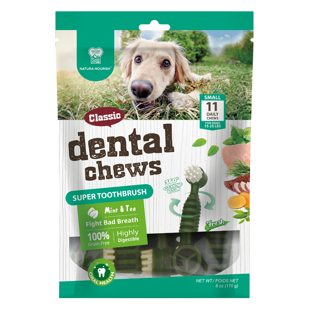 NATURA NOURISH Mint Toothbrush ขนมขัดฟันสุนัข รูปแปรงสีฟัน ทำจากวัตถุดิบธรรมชาติ กลิ่นมินท์ ลมหายใจหอมสดชื่น (Small) (11ชิ้น) (170g)