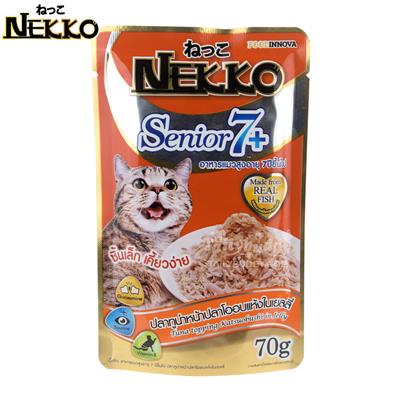 Nekko Senior7+ เน็กโกะอาหารเปียกแมวสูงอายุ 7 ปี ขึ้นไป สูตร ปลาทูน่าหน้าปลาโออบแห้งในเยลลี่ (70g)