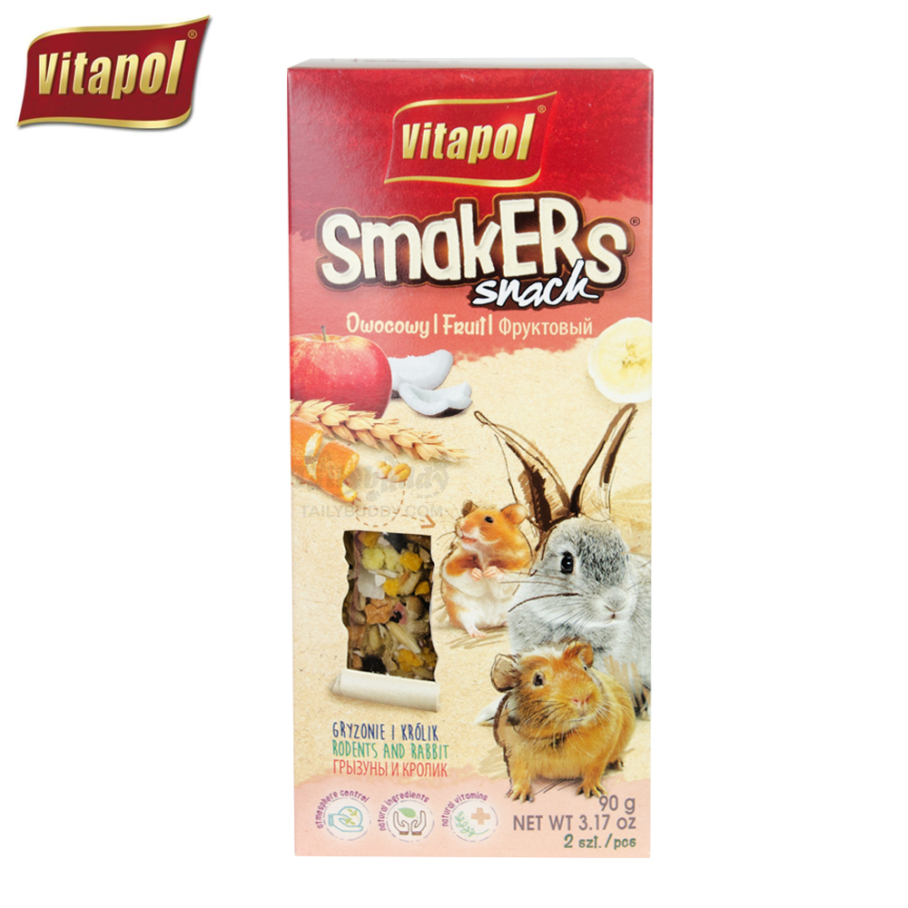 Vitapol Smakers Snack (Fruit) ขนมสติ๊กแท่ง รสผลไม้ สำหรับ กระต่าย แกสบี้ ชินชิล่า หนูและสัตว์ฟันแทะอื่นๆ (2แท่ง, 90g)