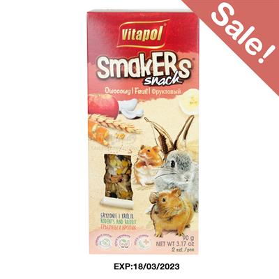 (EXP:18/03/2023) Vitapol Smakers Snack (Fruit) ขนมสติ๊กแท่ง รสผลไม้ สำหรับ กระต่าย แกสบี้ ชินชิล่า หนูและสัตว์ฟันแทะอื่นๆ (2แท่ง, 90g)