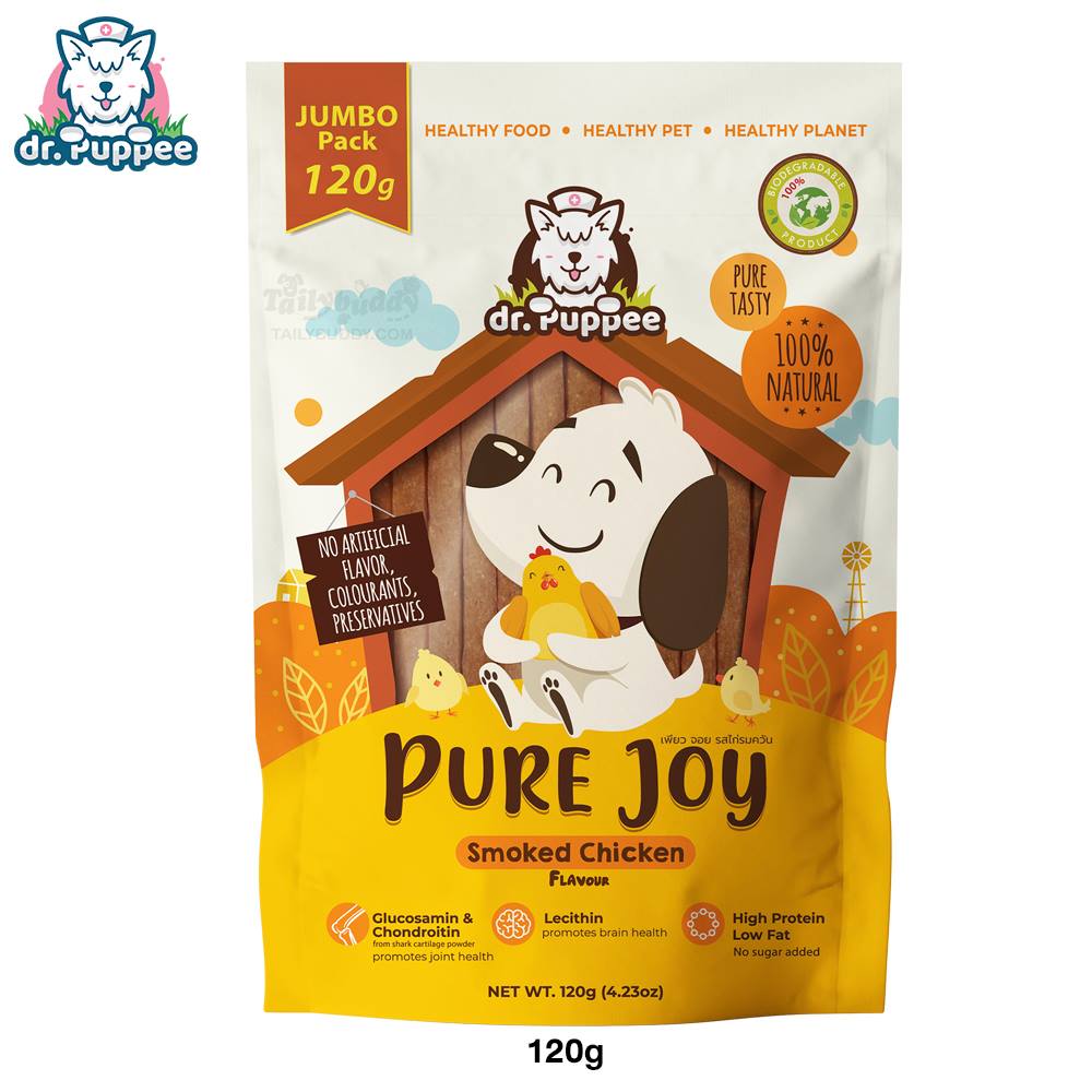PURE Joy Smoked Chicken เพียวจอย ขนมสุนัขเพื่อสุขภาพ สูตรไก่รมควัน หอม อร่อย ช่วยบำรุงข้อกระดูก โปรตีนสูงไขมันต่ำ (120g) by dr.Puppee
