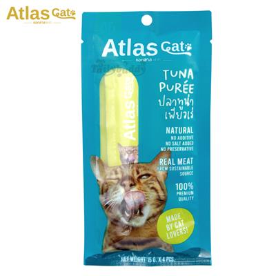 Atlas Cat Tuna Puree แอทลาส ทูน่า เพียวเร่ ขนมแมวเลีย ทำจากปลาทูน่าธรรมชาติเข้มข้น (15g x 4ซอง)